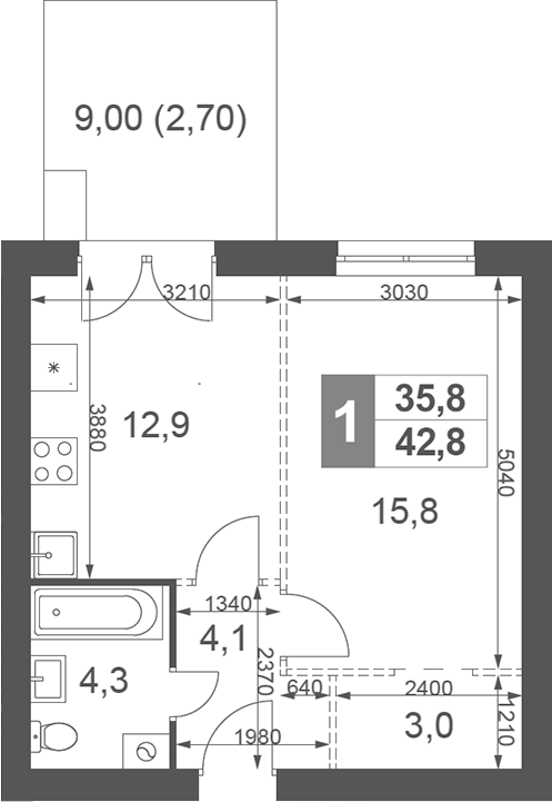 Планировка — Дубровицы Клаб, 1-комн., 40 м²