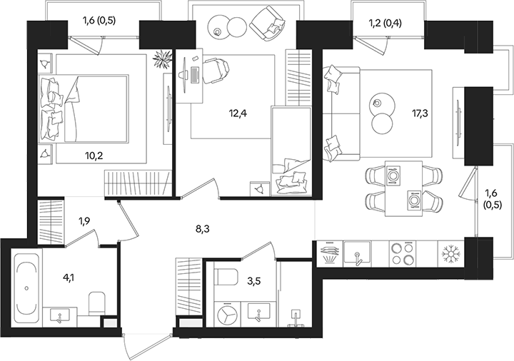 Планировка — ТАТУМ, 3-комн., 58 м²