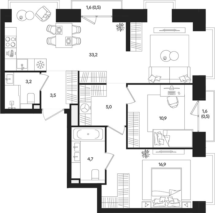 Планировка — ТАТУМ, 3-комн., 77 м²