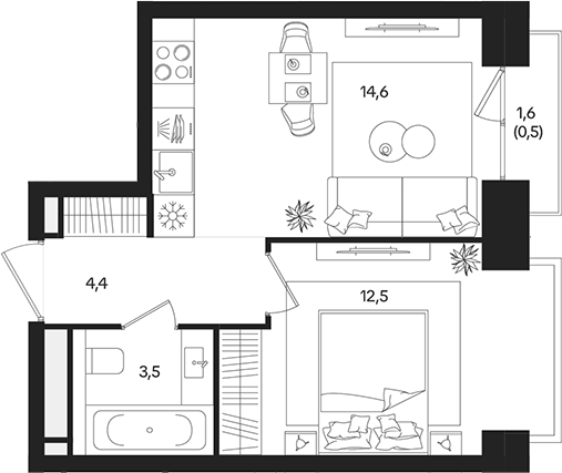 Планировка — ТАТУМ, 1-комн., 35 м²