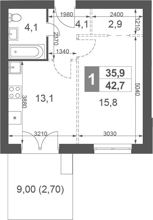 Планировка — Дубровицы Клаб, 1-комн., 40 м²