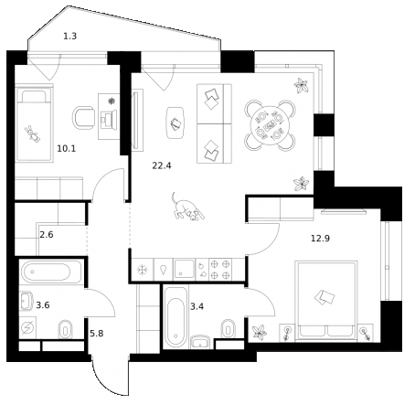 Планировка — Строгино 360, 2-комн., 61 м²