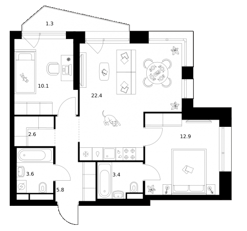 Планировка — Строгино 360, 2-комн., 61 м²
