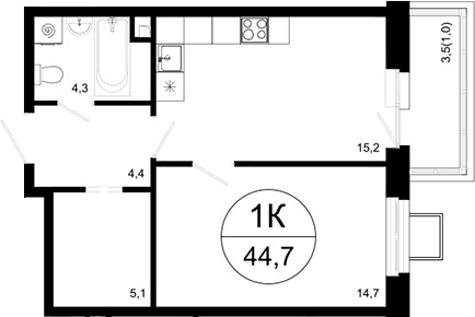 Планировка — Одинцовские Кварталы Эволюция, 1-комн., 44 м²