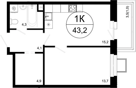 Планировка — Одинцовские Кварталы Эволюция, 1-комн., 42 м²