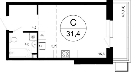 Планировка — Одинцовские Кварталы Эволюция, Студия, 30 м²
