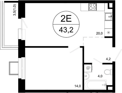 Планировка — Одинцовские Кварталы Эволюция, 2-комн., 42 м²