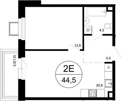 Планировка — Одинцовские Кварталы Эволюция, 2-комн., 44 м²