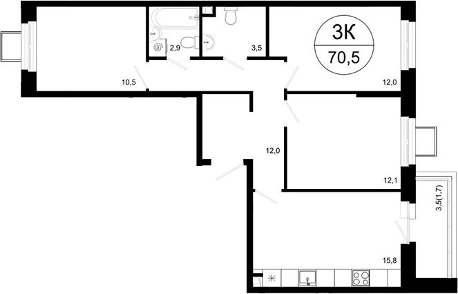 Планировка — Одинцовские Кварталы Эволюция, 3-комн., 69 м²