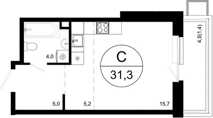 Планировка — Одинцовские Кварталы Эволюция, Студия, 30 м²