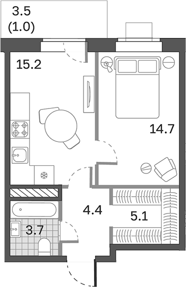 Планировка — Одинцовские Кварталы Эволюция, 1-комн., 43 м²