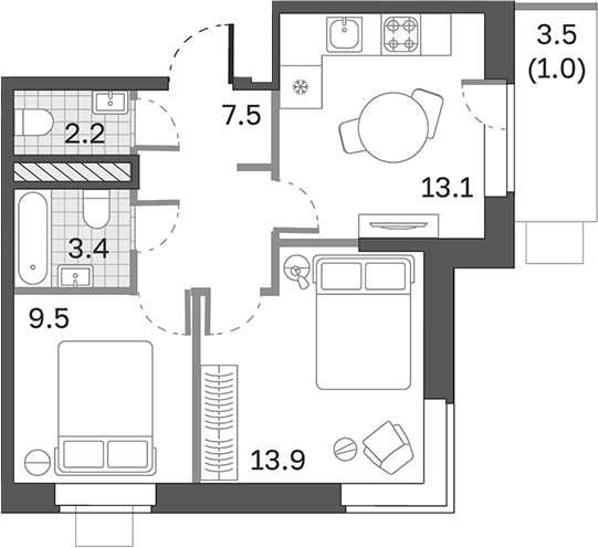 Планировка — Одинцовские Кварталы Эволюция, 2-комн., 50 м²