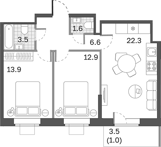 Планировка — Одинцовские Кварталы Эволюция, 3-комн., 61 м²