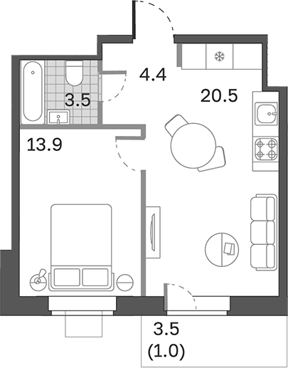 Планировка — Одинцовские Кварталы Эволюция, 2-комн., 42 м²