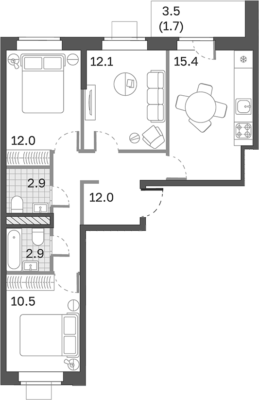 Планировка — Одинцовские Кварталы Эволюция, 3-комн., 68 м²