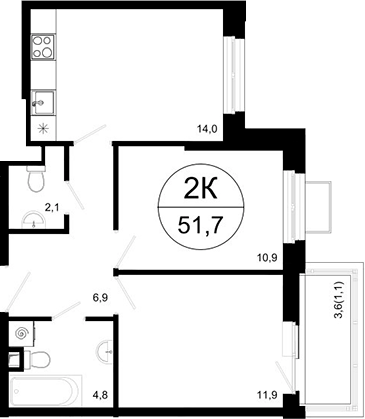 Планировка — Одинцовские Кварталы Эволюция, 2-комн., 51 м²