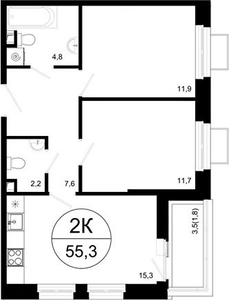 Планировка — Одинцовские Кварталы Эволюция, 2-комн., 54 м²