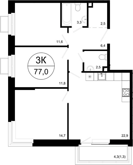 Планировка — Одинцовские Кварталы Эволюция, 3-комн., 76 м²