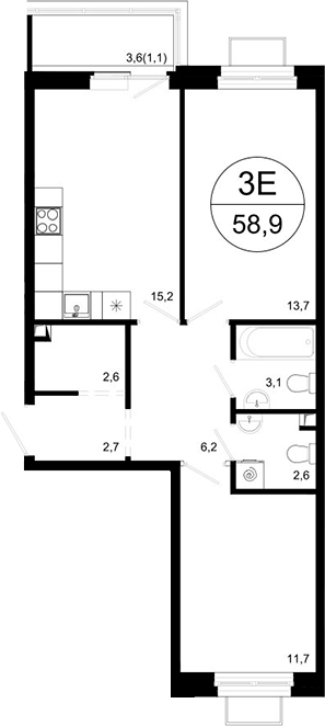 Планировка — Одинцовские Кварталы Эволюция, 3-комн., 58 м²