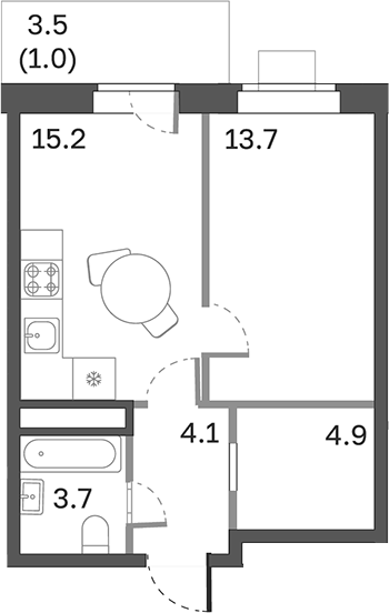 Планировка — Одинцовские Кварталы Эволюция, 1-комн., 42 м²
