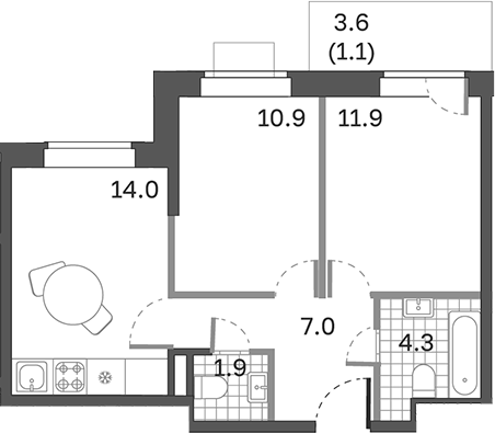 Планировка — Одинцовские Кварталы Эволюция, 2-комн., 50 м²