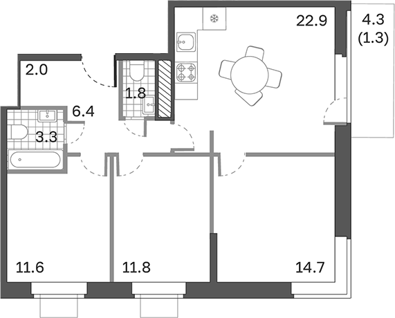 Планировка — Одинцовские Кварталы Эволюция, 3-комн., 75 м²