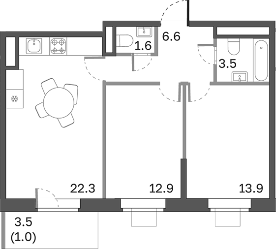 Планировка — Одинцовские Кварталы Эволюция, 3-комн., 61 м²
