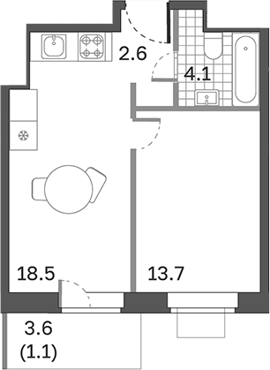 Планировка — Одинцовские Кварталы Эволюция, 2-комн., 39 м²