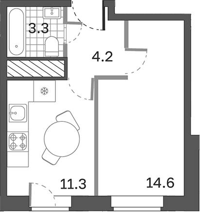 Планировка — Одинцовские Кварталы Эволюция, 1-комн., 33 м²