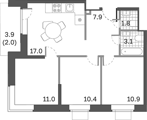 Планировка — Одинцовские Кварталы Эволюция, 3-комн., 62 м²