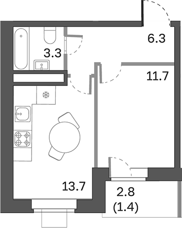 Планировка — Одинцовские Кварталы Эволюция, 1-комн., 35 м²
