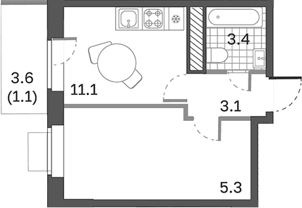 Планировка — Одинцовские Кварталы Эволюция, 1-комн., 33 м²