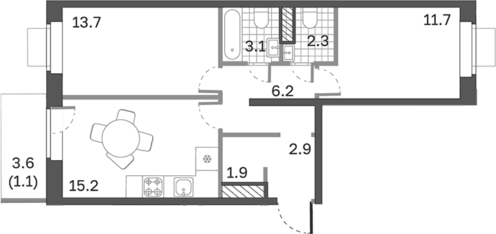 Планировка — Одинцовские Кварталы Эволюция, 3-комн., 57 м²