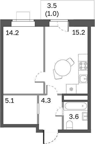Планировка — Одинцовские Кварталы Эволюция, 1-комн., 42 м²
