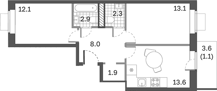 Планировка — Одинцовские Кварталы Эволюция, 2-комн., 54 м²