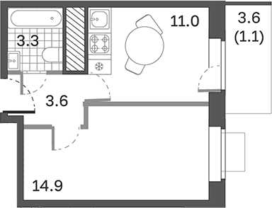 Планировка — Одинцовские Кварталы Эволюция, 1-комн., 33 м²