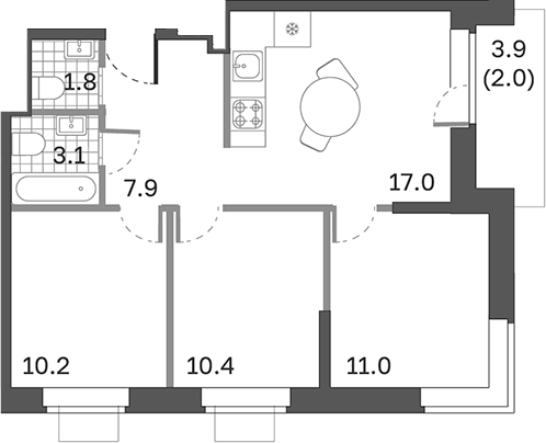 Планировка — Одинцовские Кварталы Эволюция, 3-комн., 62 м²
