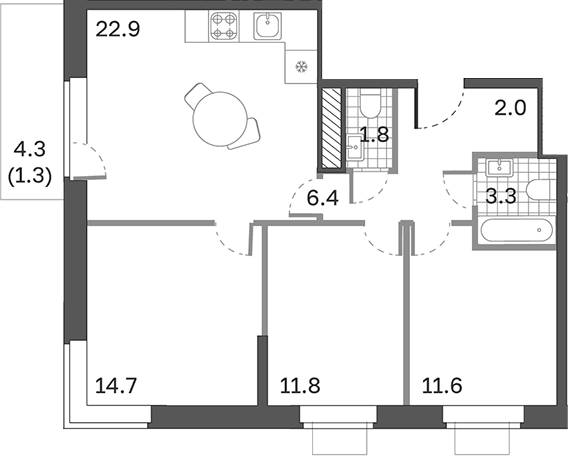 Планировка — Одинцовские Кварталы Эволюция, 3-комн., 75 м²