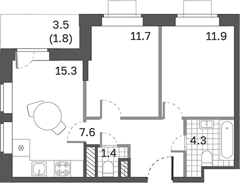Планировка — Одинцовские Кварталы Эволюция, 2-комн., 52 м²