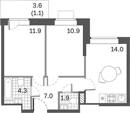 Планировка — Одинцовские Кварталы Эволюция, 2-комн., 50 м²