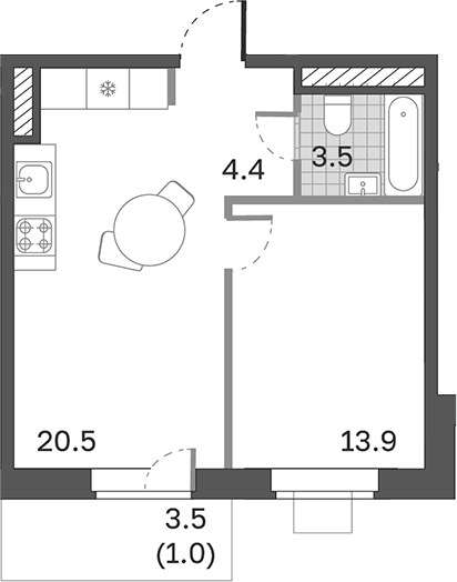 Планировка — Одинцовские Кварталы Эволюция, 2-комн., 42 м²