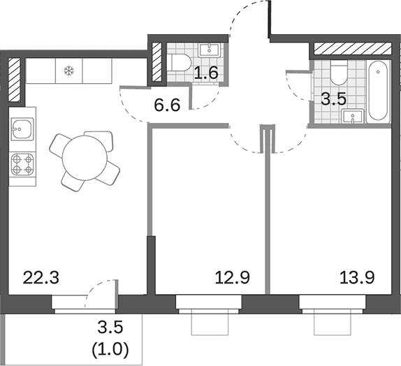 Планировка — Одинцовские Кварталы Эволюция, 3-комн., 61 м²