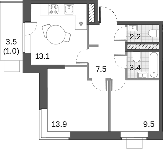 Планировка — Одинцовские Кварталы Эволюция, 2-комн., 50 м²