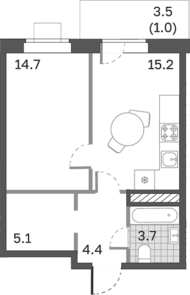 Планировка — Одинцовские Кварталы Эволюция, 1-комн., 43 м²