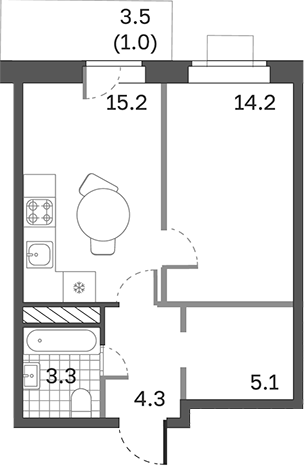 Планировка — Одинцовские Кварталы Эволюция, 1-комн., 42 м²