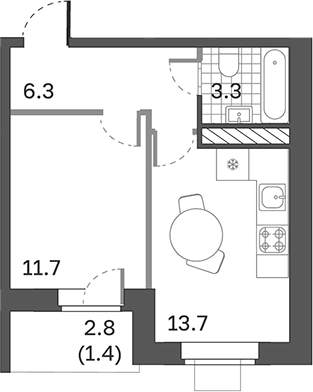 Планировка — Одинцовские Кварталы Эволюция, 1-комн., 35 м²