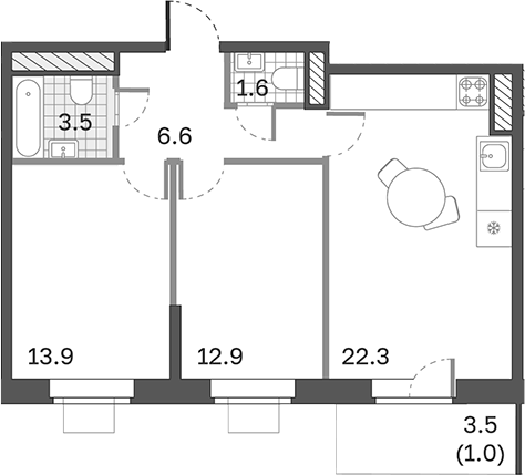 Планировка — Одинцовские Кварталы Эволюция, 3-комн., 61 м²