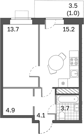 Планировка — Одинцовские Кварталы Эволюция, 1-комн., 42 м²