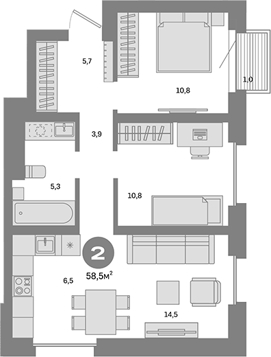 Планировка — Метроном, 2-комн., 58 м²