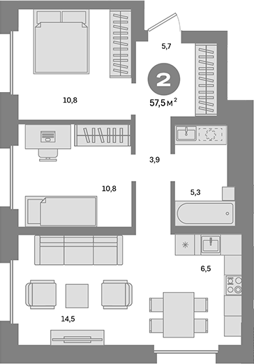 Планировка — Метроном, 2-комн., 58 м²